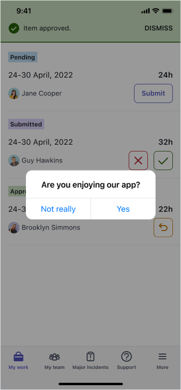Exibição da pergunta de feedback do aplicativo para celular.