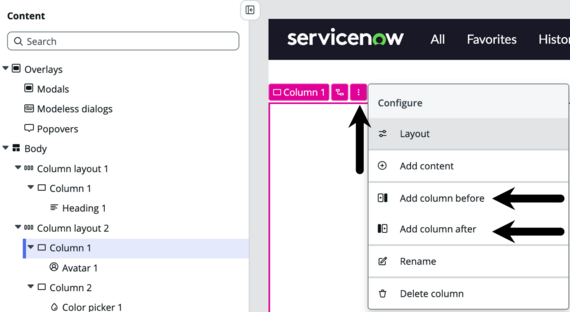 Stage shown with column menu icon selected showing the options to add a column before or after the selected column.