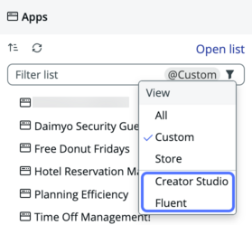 Filter the list showing All, Custom, Store, Creator Studio, and Fluent options to see the apps you need.
