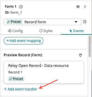 Shows the control for adding event handlers to a preset event