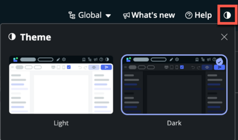 Choose theme icon location and the UI Builder theme options popup displaying the Light and Dark themes.