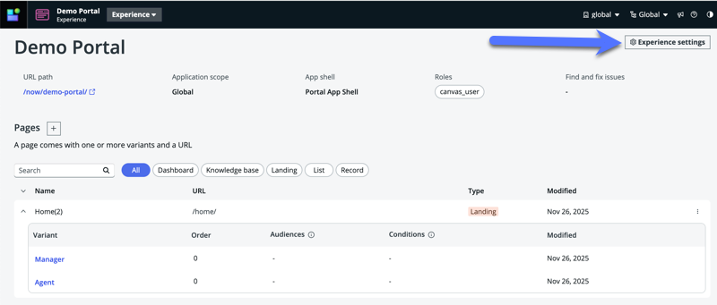 Arrow pointing to the settings toggle on the experience view page.