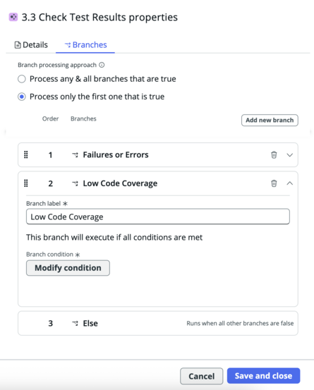 La branche Couverture low-code est l’endroit où vous définissez la valeur de couverture du code qui déclenche un échec de test.