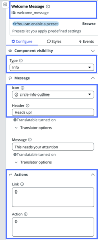 Configuration panel for alert, with highlights over the component label, Type, Icon, Header, Link, and Action fields.