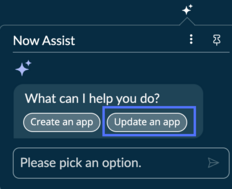 Now Assist panel with update an app button highlighted.