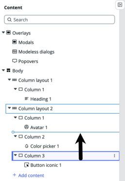 Arrow pointing from column in content tree to new location in the tree denoted with a blue, horizontal line.