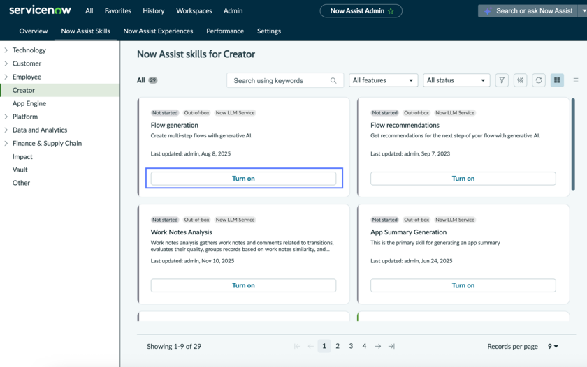 Now Assist pour les créateurs compétences dans la Administrateur Now Assist console, où vous pouvez activer et désactiver des compétences.