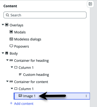 Arrow pointing to Image 1 component in the content tree.