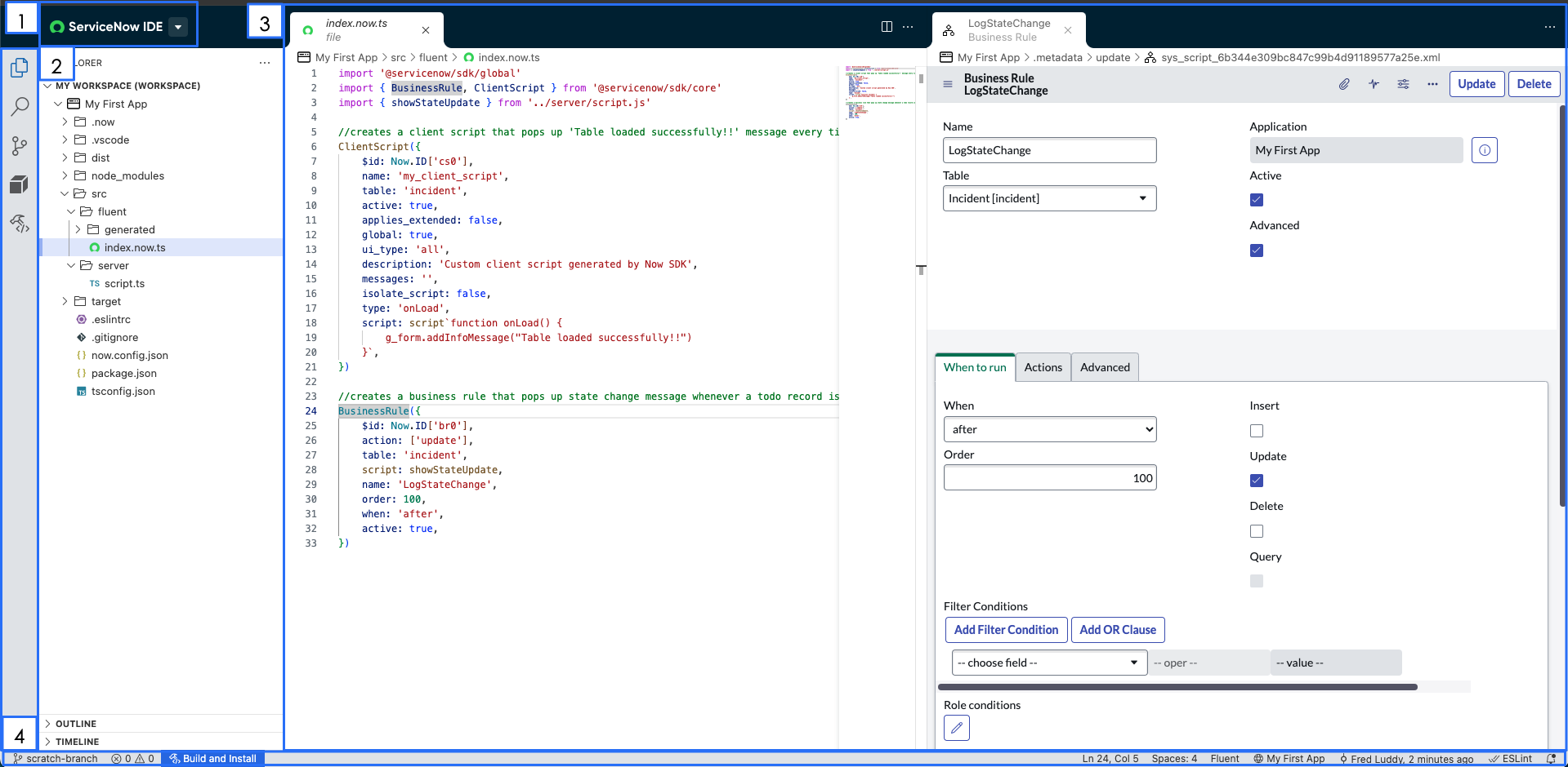 Identifiez les fonctionnalités dans le ServiceNow IDE.