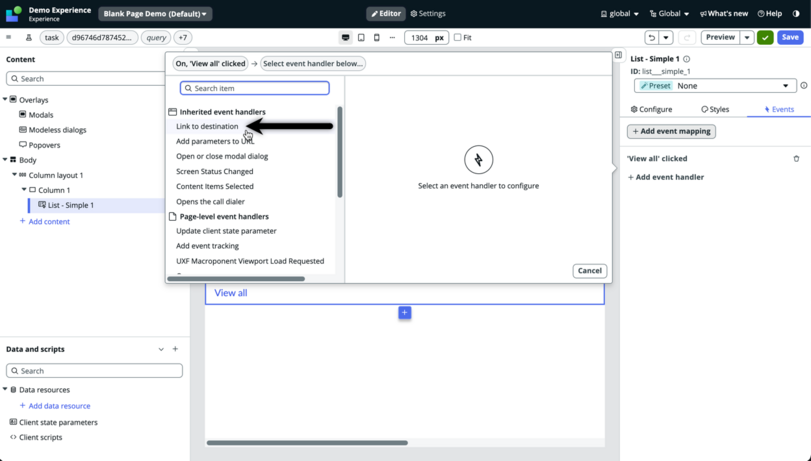Arrow pointing to the link to destination inherited event handler.