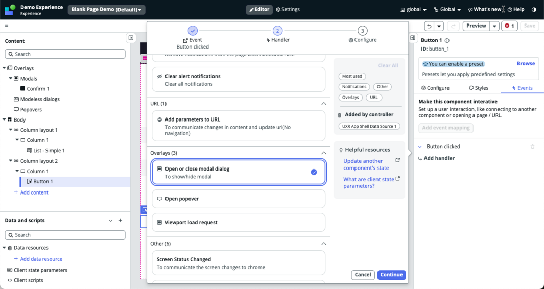 Event handler configuration screen showing the open or close modal dialog settings.