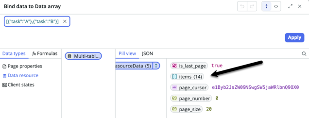 Data binding modal with black arrow pointing to items pill.