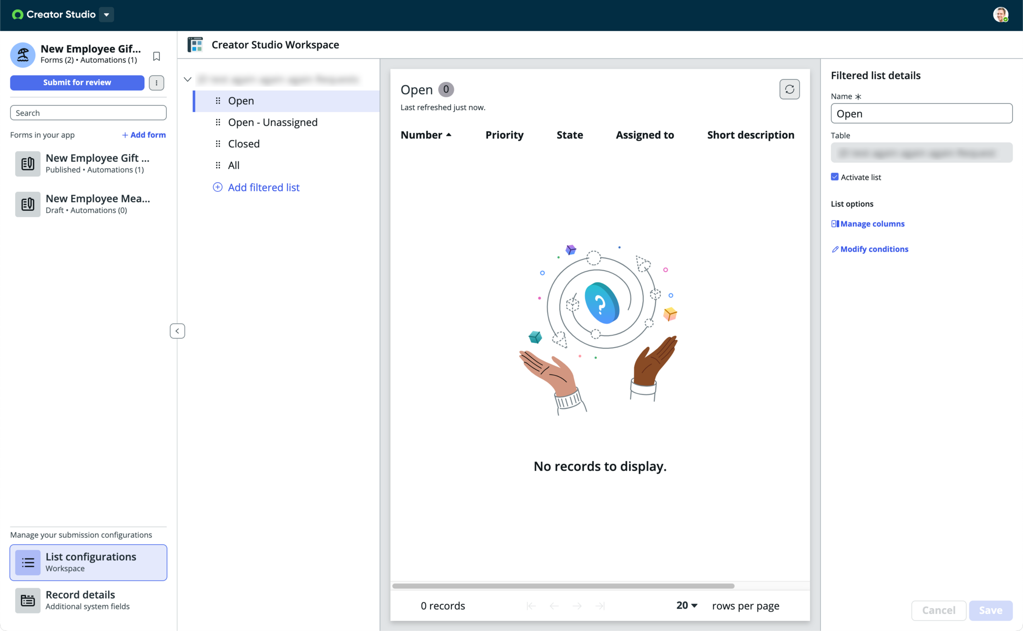 Customize the workspace in the List configurations section