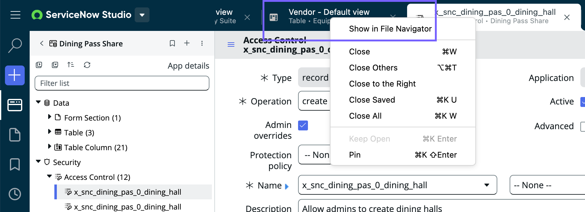 Several files are open, and you can select Show in File Navigator to focus the Navigator panel on that file.