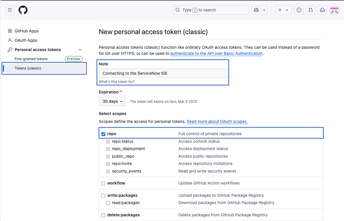 Create a new personal access token (classic) with the repo scope selected in the scopes list.