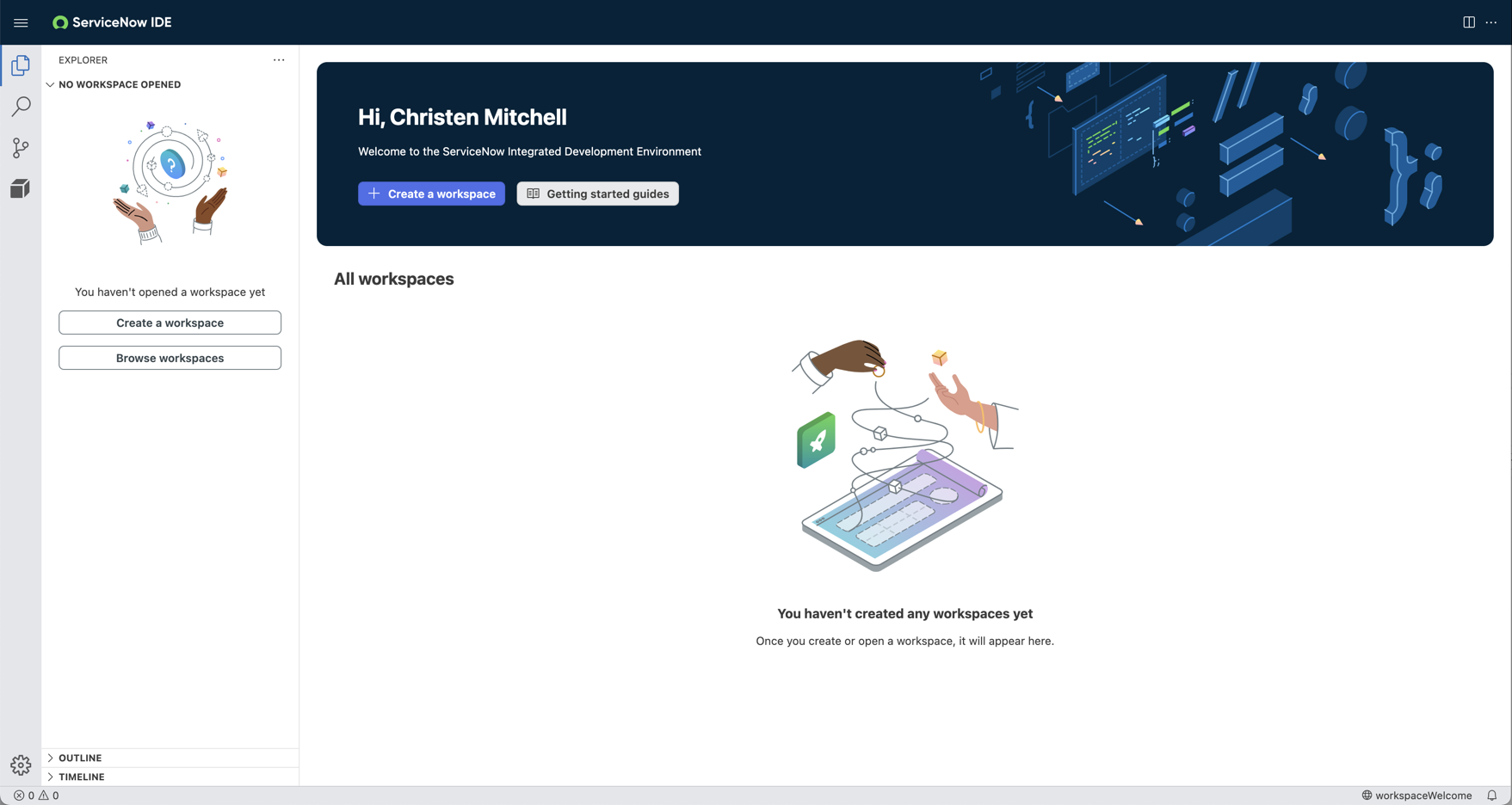 ServiceNow IDE home page before creating a workspace or application