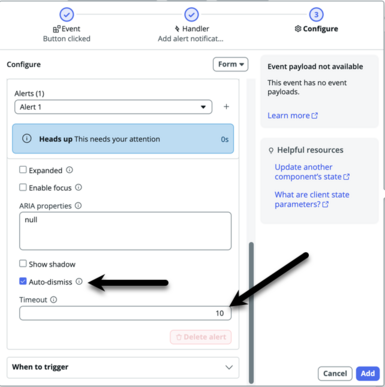 Configure event dialog with arrows pointing to the selected Auto-dismiss property and the Timeout field with an entered value of 10.