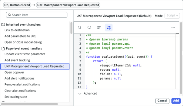 UXF Macroponent Viewport Load Requested event handler selected.