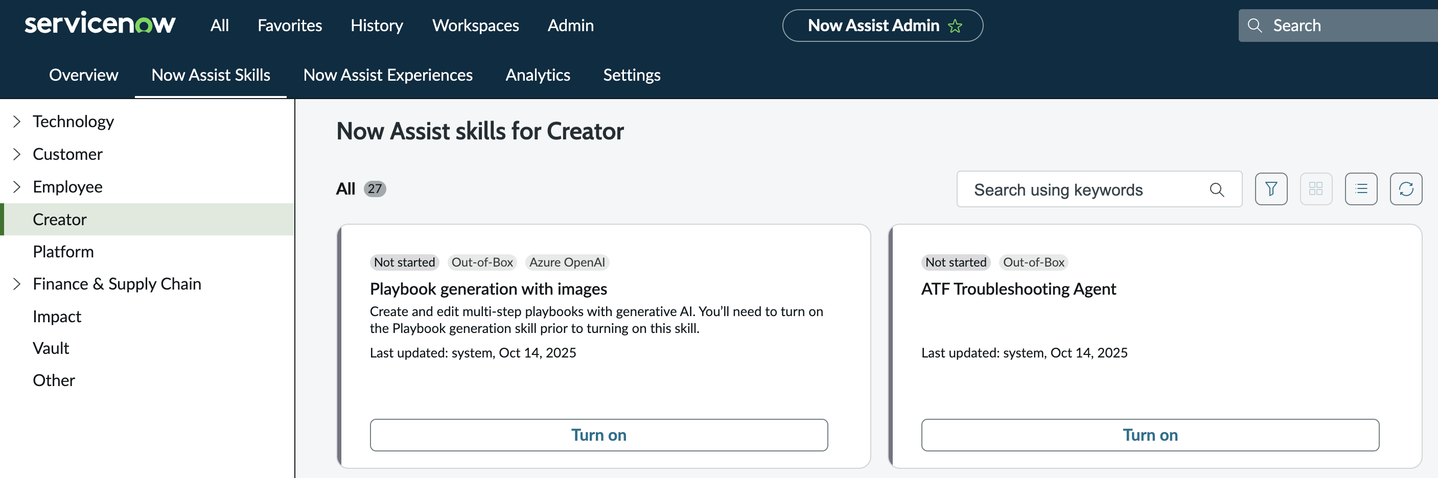 ATF troubleshooting agent is listed as Now Assist for Creator skills.