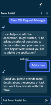 Now Assist Panneau avec Ajouter une demande de flux en surbrillance.