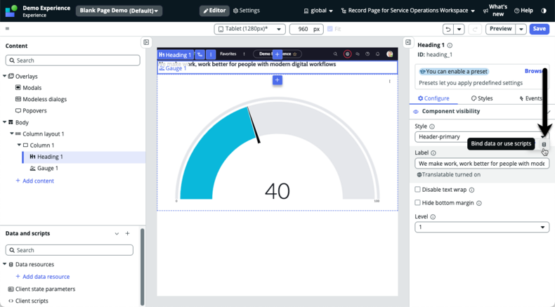 Arrow pointing to the bind data icon in the label field of the heading component.