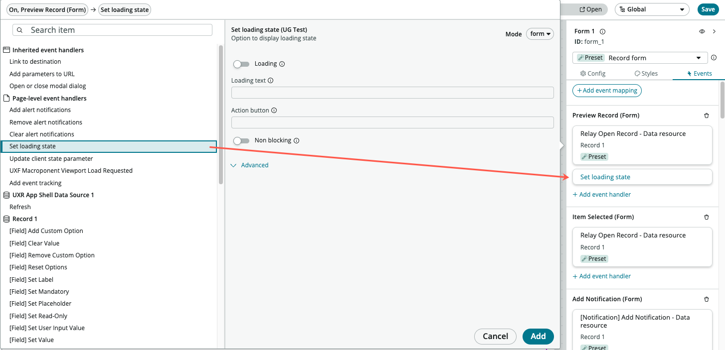 Shows the event handler that was selected from the list of available handlers added to the event tile