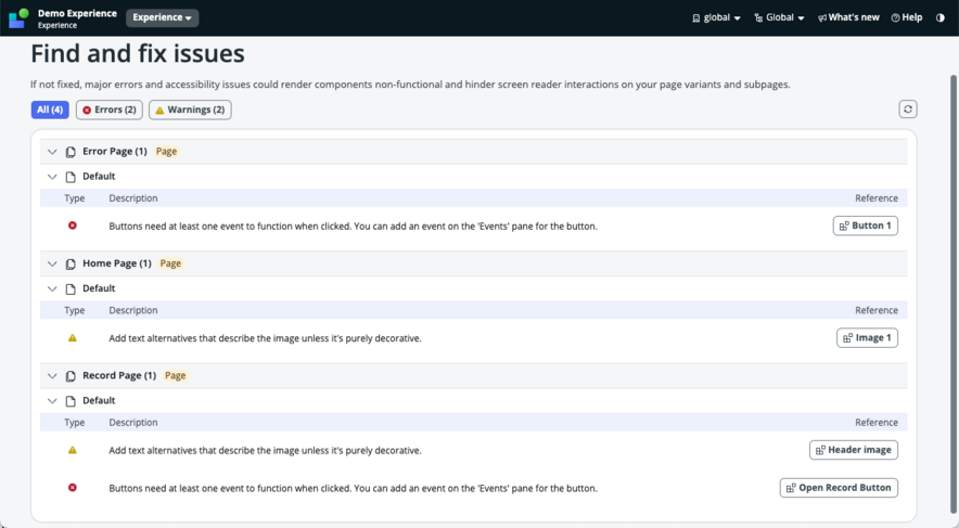 List of errors and warnings found in an experience.