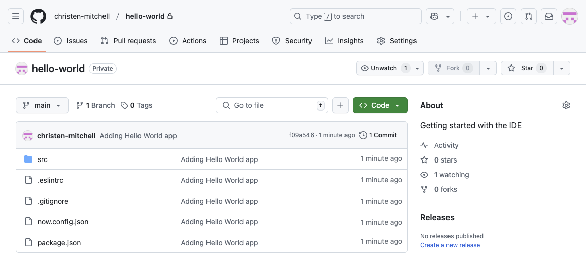 The hello-world repository in GitHub, which contains the Hello World application from the ServiceNow IDE.
