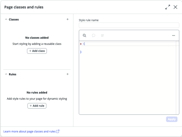Page classes and rules pop up.