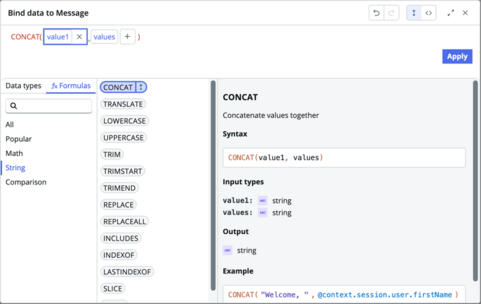 Bind data dialog showing CONCAT function with empty values.