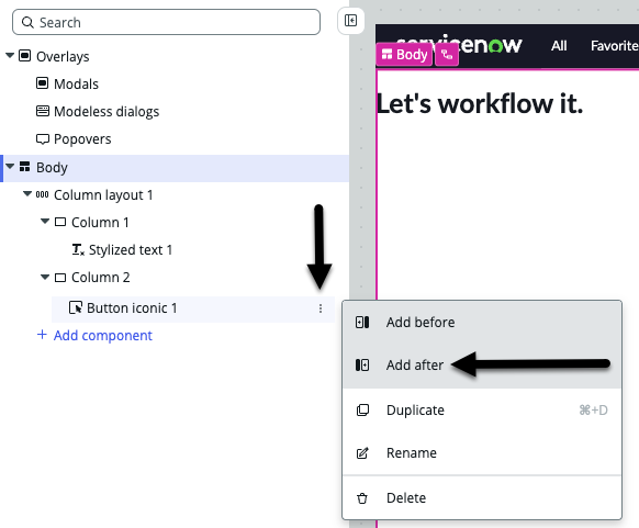 Content tree to black arrows pointing to button icon 1 menu icon and the add after option in the pop up menu.