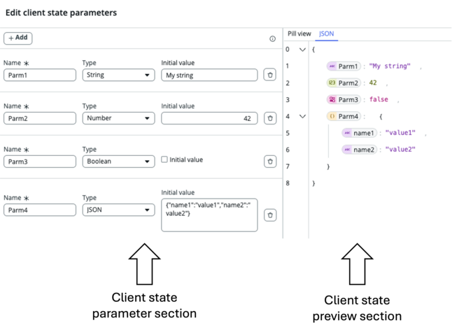 Arrows pointing to the two sections of the client state parameter panel.