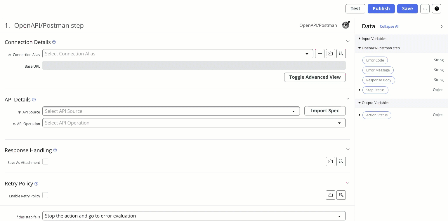 Postman 컬렉션을 OpenAPI/Postman 단계로 가져오는 방법을 보여 줍니다.