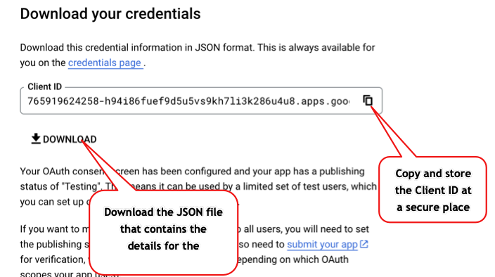 OAuth 자격 증명을 복사하거나 다운로드합니다.