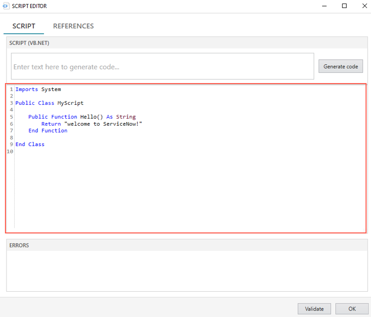 스크립트 편집기의 스크립트 창
