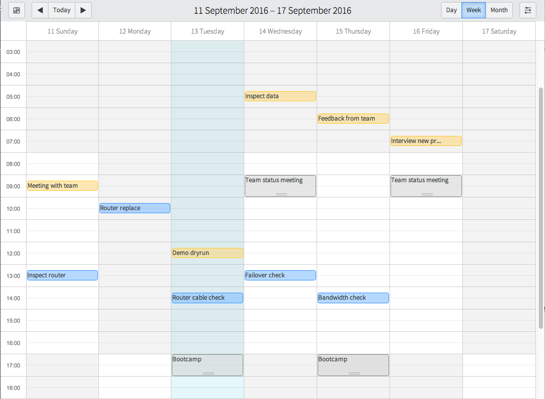 Kalender, der den Zeitplan und die täglichen Zuweisungen eines Service Desk-Mitarbeiters anzeigt, einschließlich Arbeitszeiten, Aufgaben, persönliche Besprechungen und Termine.