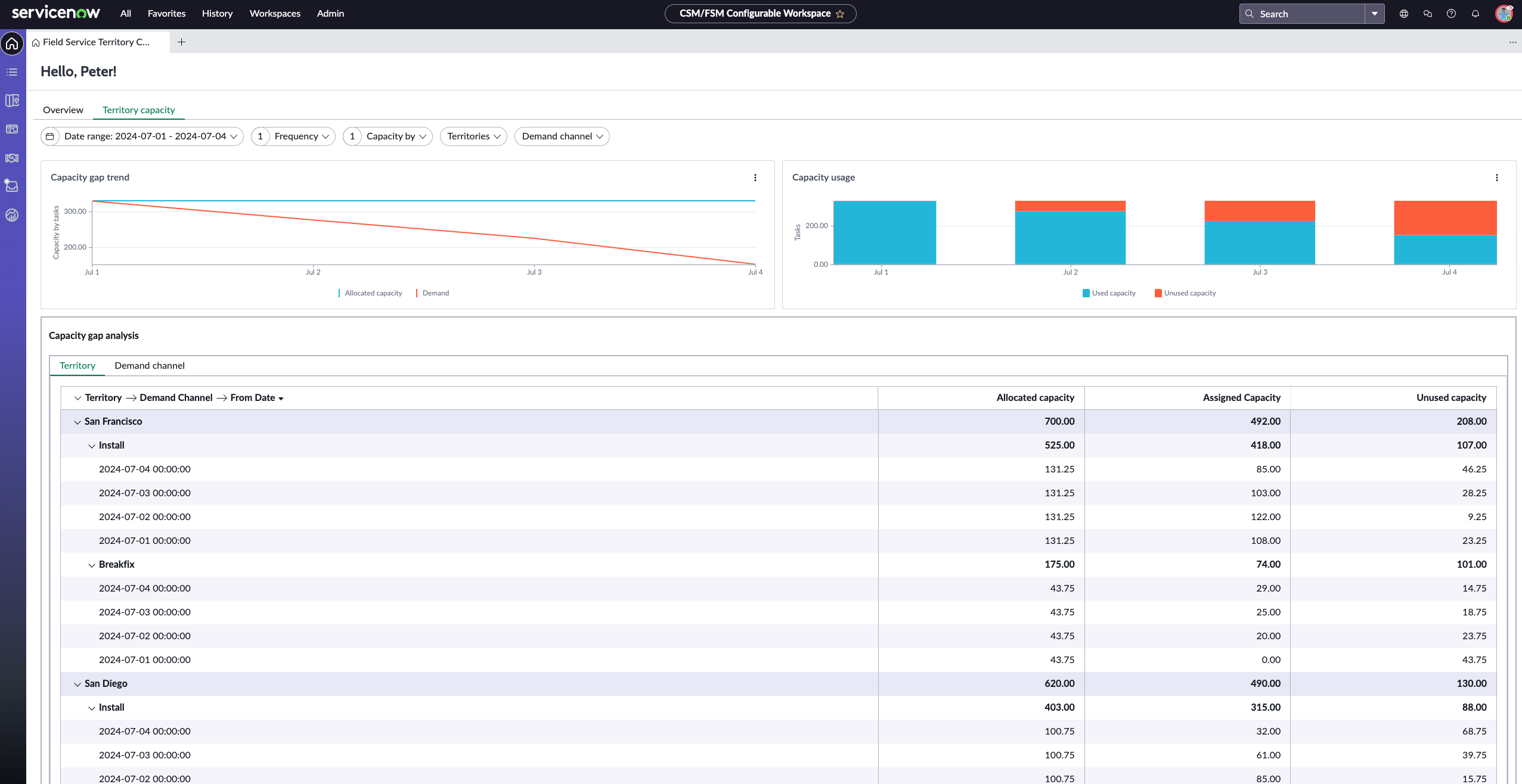 Dashboard mit interaktiven Diagrammen und Grafiken zur Nachverfolgung von Kapazitätstrends, einer anpassbaren Pivot-Tabelle für die Lückenanalyse nach Gebiet und Nachfragekanal sowie Filteroptionen zum Anzeigen von Daten.