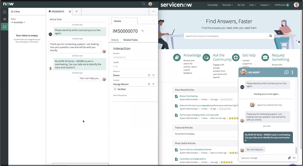 Live-Chat-Kommunikation zwischen einem Kunden und einem Techniker, der an einem Problem arbeitet.