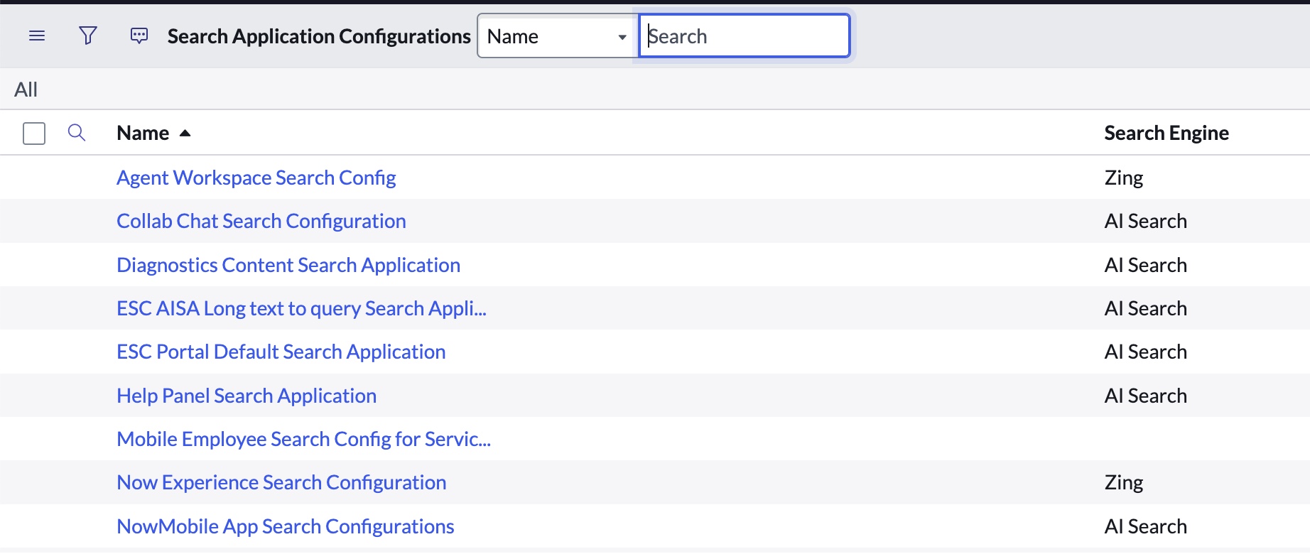 Search アプリケーションをクエリする新しい ESC AISA Long テキストが検索アプリケーション構成のリストに表示されます。