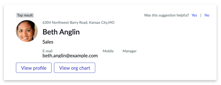 [プロファイルを表示] および [組織図の表示] アクションリンクのある Beth Anglin 用の People 回答カード
