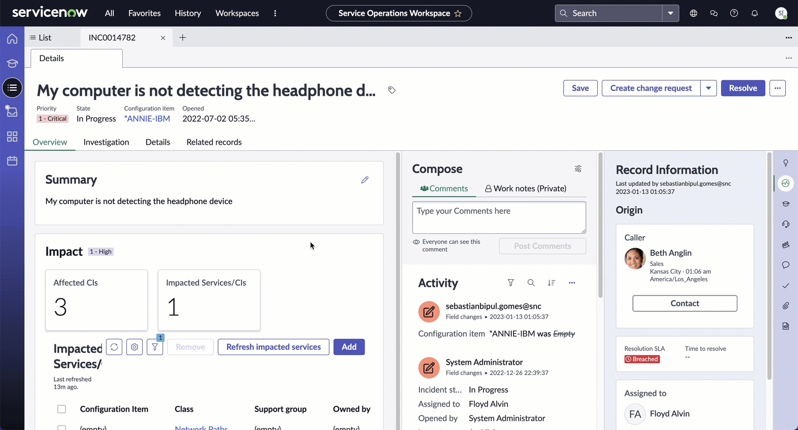 インシデントレコードのタブ
