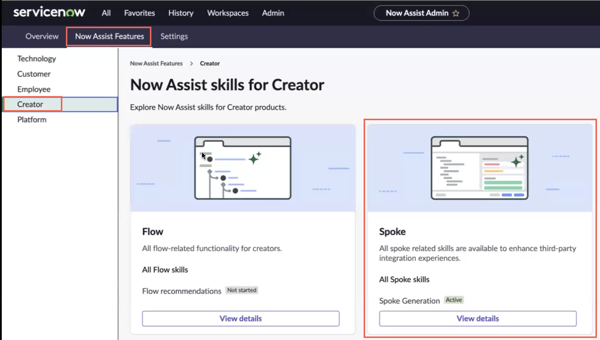 콘솔의Now Assist 관리자 스포크 생성 기술입니다.