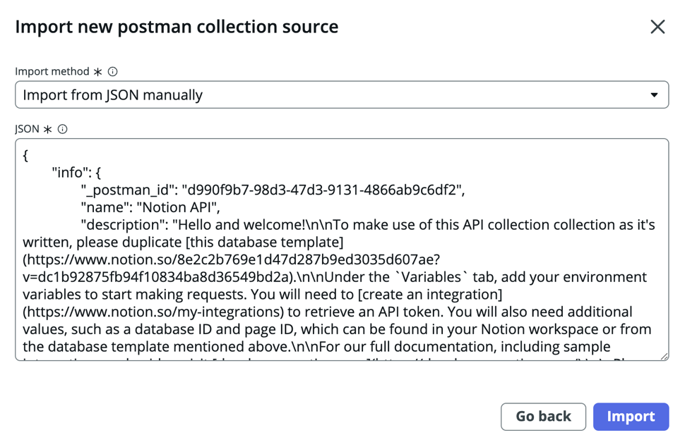 JSON을 사용하여 새 postman 수집 소스를 수동으로 임포트합니다.