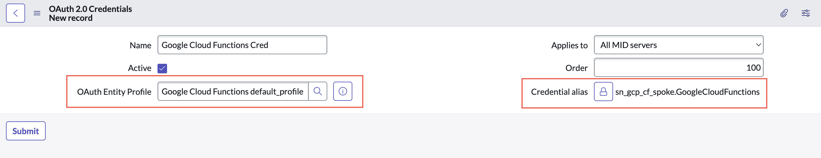 Google Cloud Functional スポークの認証情報レコード。