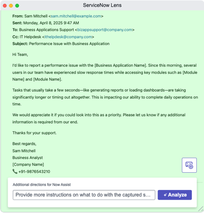 ServiceNow レンズ ビジネスアプリケーションの問題を報告する顧客からのメールをスキャンします。
