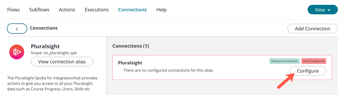 Pluralsight スポークの接続と資格情報を構成するための [構成] ボタン。