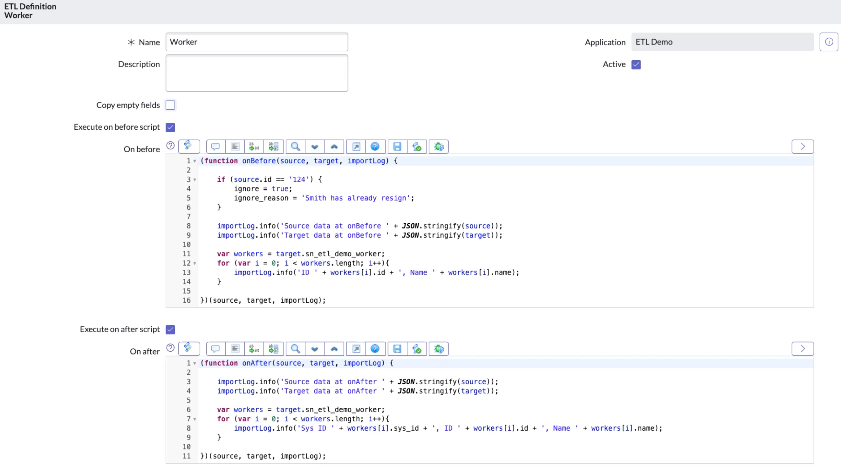 onBefore スクリプトと onAfter スクリプトを含む ETL 定義の例。