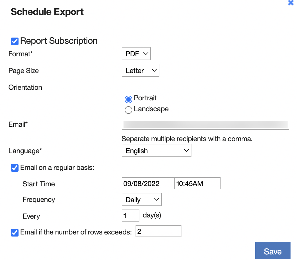 [エクスポートをスケジュール (Schedule Export)] 構成。