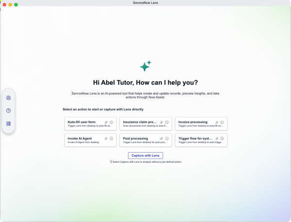 ServiceNow レンズ レンズアクションを表示するホームページ。