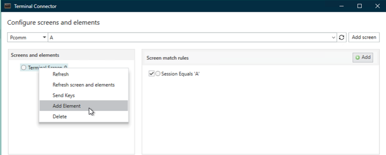 PCOMM 画面の [要素を追加 (Add Element)] オプション。